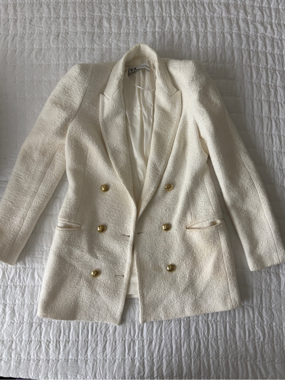 Zara Ivory Double-Breasted Bouclé Blazer with Gold Buttons